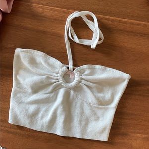 Halter tie white crop top with turtle shell ring